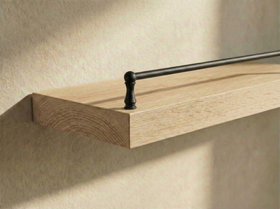 Solid white oak floating shelf with gallery rail by The Mortise & The Hare, showcasing a sleek design and sturdy construction.