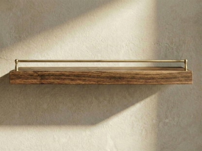 Solid walnut floating shelf with a gallery rail, showcasing a sleek design and rich wood grain texture.