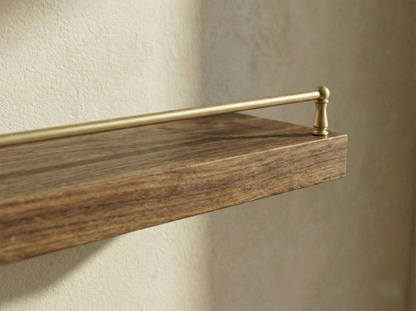 Solid walnut floating shelf with gallery rail showcasing a rich wood grain and sleek design, perfect for home decor.