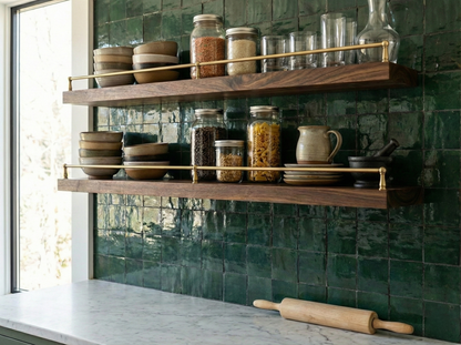Solid walnut floating shelf with a gallery rail, showcasing a stylish kitchen lifestyle setup by The Mortise & The Hare.