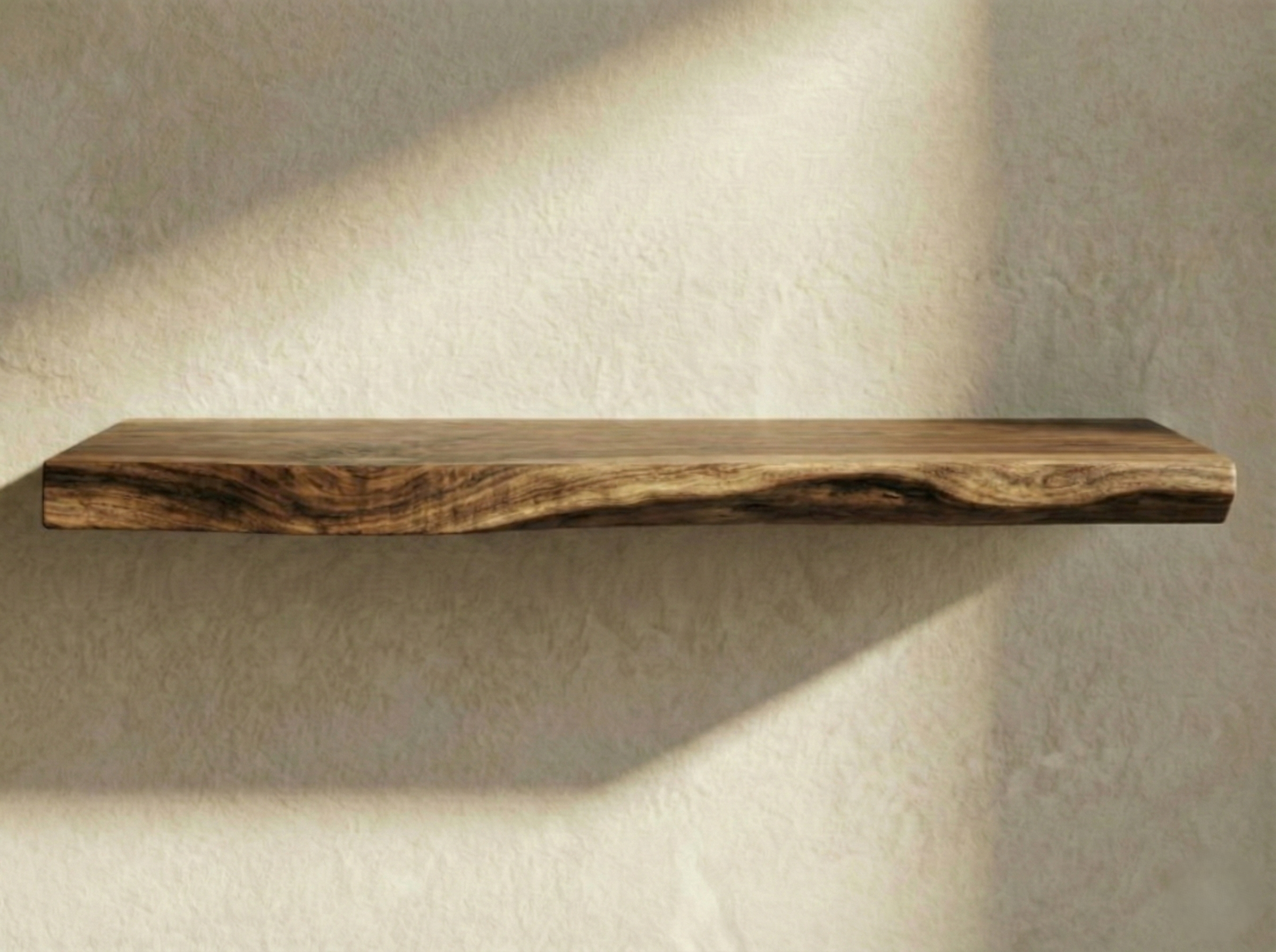 Solid walnut live edge floating shelf showcasing natural grain and unique contours, perfect for rustic home decor.
