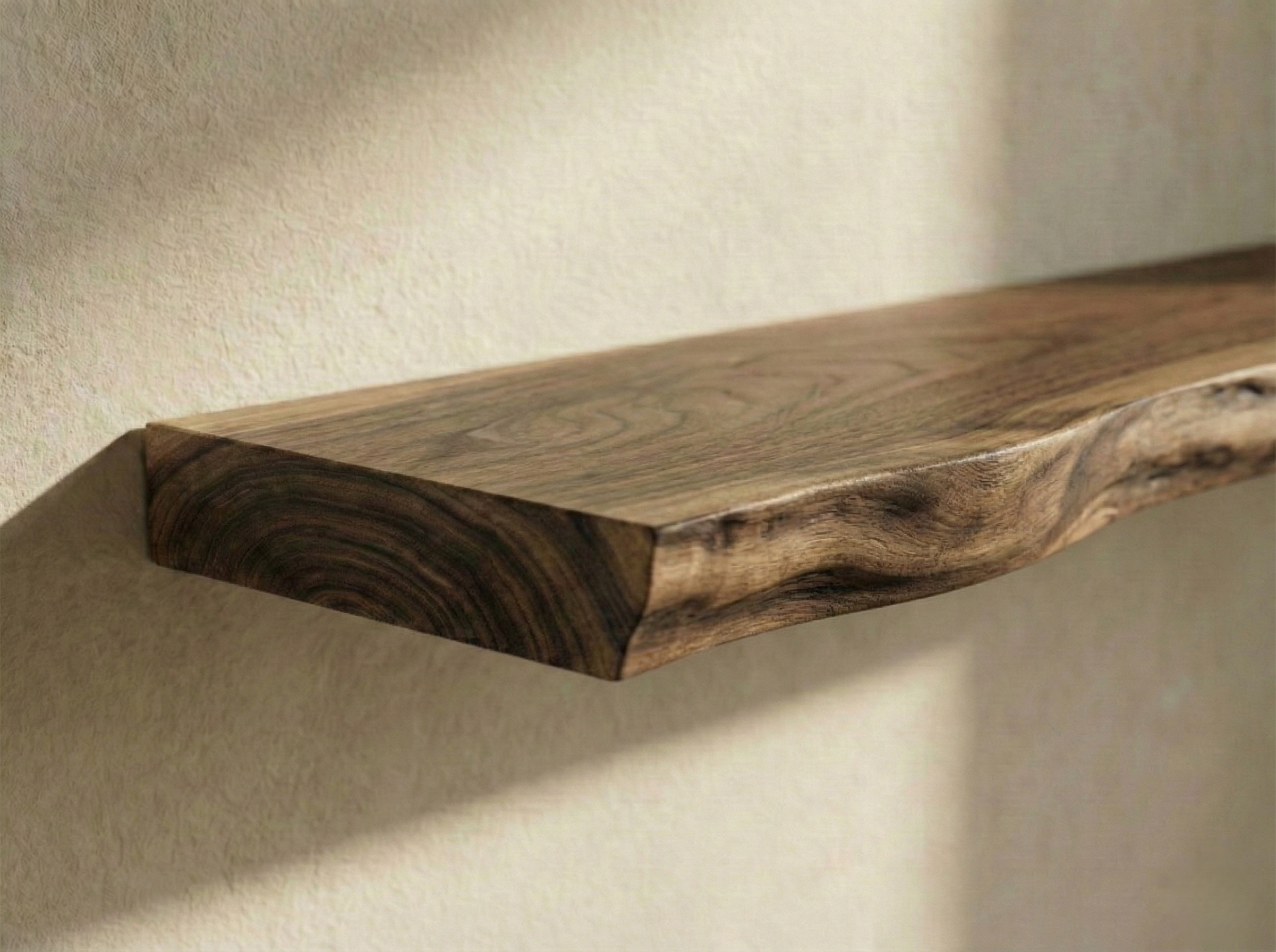 Solid walnut live edge floating shelf showcasing natural wood grain and unique edge details from The Mortise & The Hare.