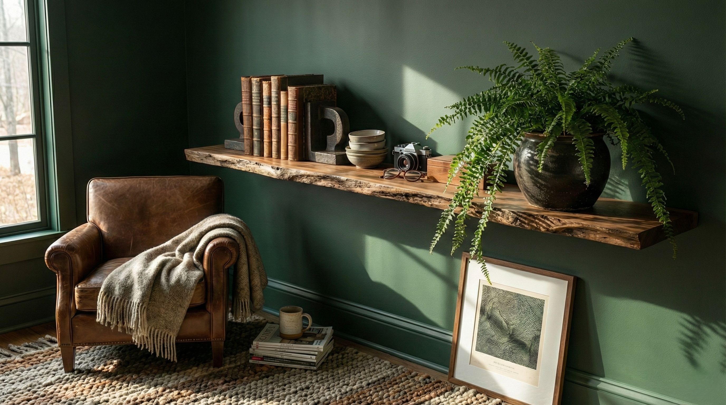 Solid walnut live edge floating shelf showcasing natural wood grain in a stylish living room setting.