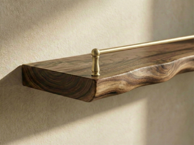 Solid walnut floating shelf with live edge and gallery rail, natural wood finish, by The Mortise & The Hare.