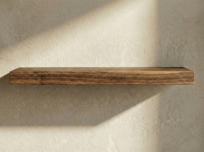 Walnut hardwood floating shelf by The Mortise & The Hare, measuring 8x4x1.75 inches, mounted on a wall for storage or decor.