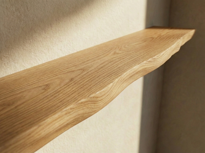 Solid white oak live edge floating shelf by The Mortise & The Hare, measuring 12 W x 4 D x 1.75 H, wall-mounted oak shelving.