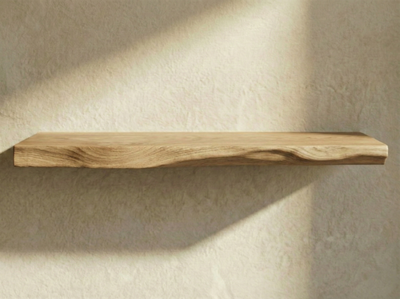 Solid white oak live edge floating shelf by The Mortise & The Hare, wall-mounted shelf with natural wood finish and rustic edge.