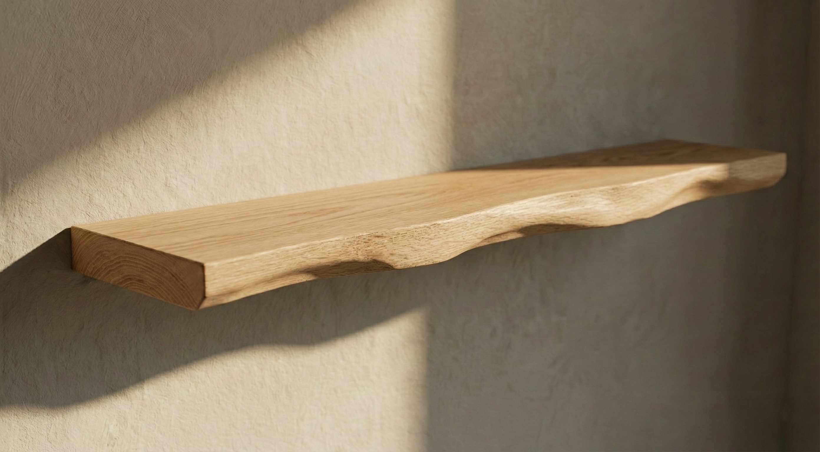 Solid white oak live edge floating shelf showcasing natural grain and unique edges, perfect for stylish wall display.