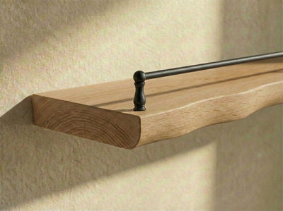 Solid white oak live edge floating shelf with gallery rail, wall-mounted furniture for display and storage.