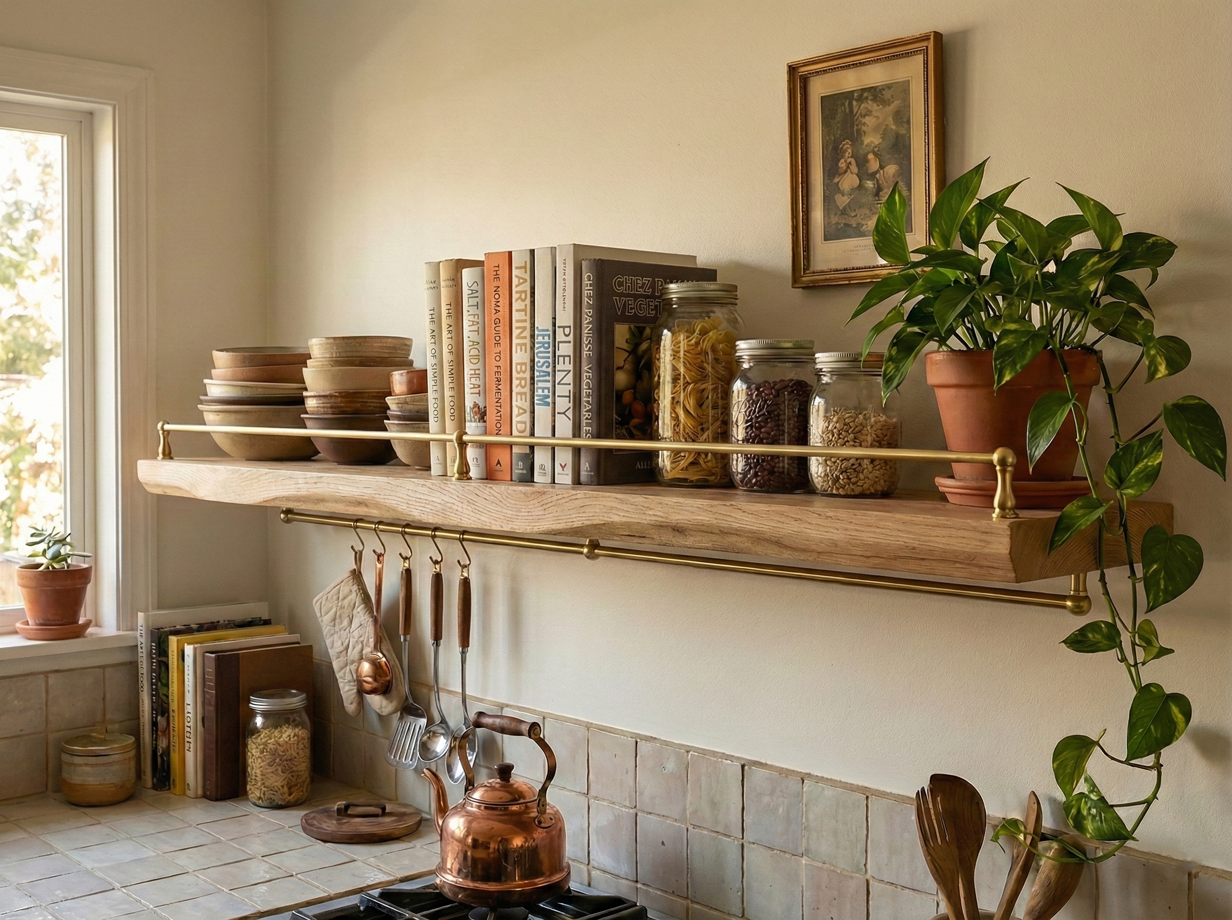 Solid white oak live edge floating shelf with gallery rail, showcasing natural wood grain and rustic design elements.