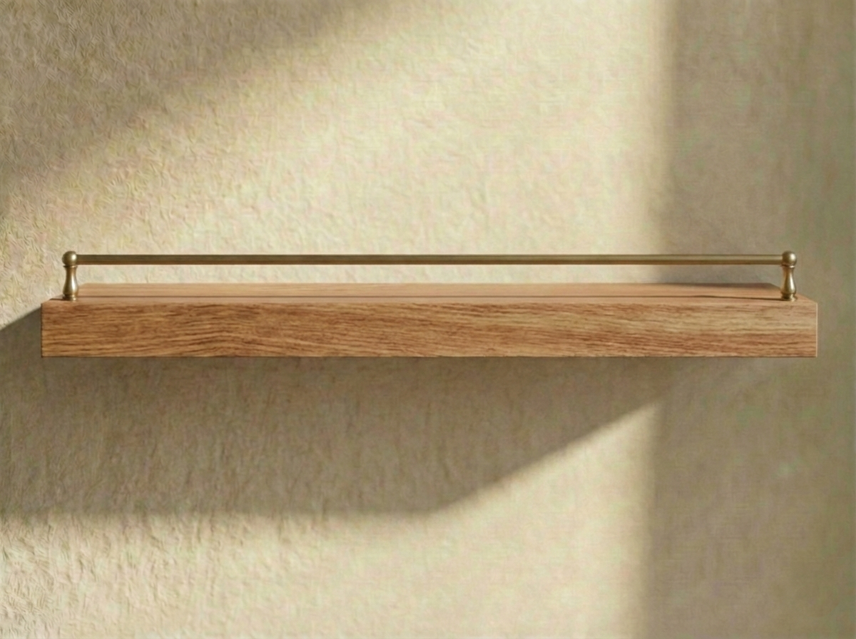 Solid red oak floating shelf with a gallery rail, showcasing elegant design and natural wood grain details.