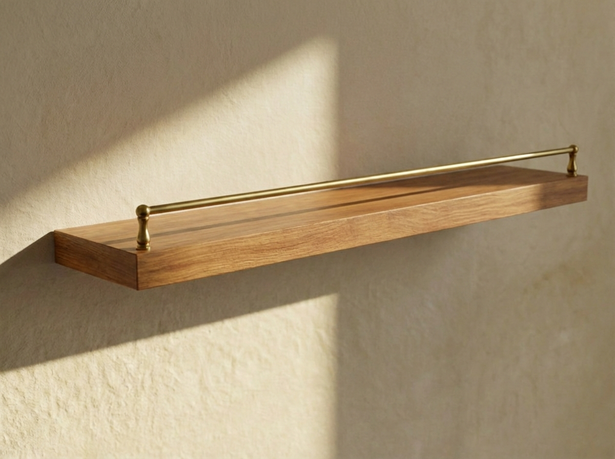Solid red oak floating shelf with a gallery rail, showcasing a sleek design and natural wood grain texture.