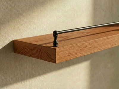 Solid red oak floating shelf with gallery rail from The Mortise & The Hare, wall-mounted shelving with a sleek wood finish.