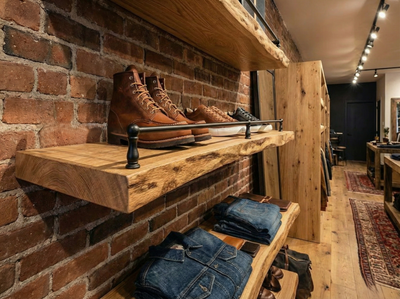 Solid red oak live edge floating shelf with gallery rail, wall-mounted oak shelving from The Mortise & The Hare.