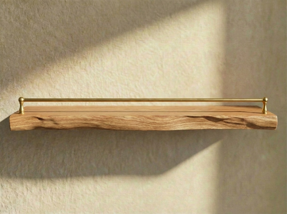 Solid red oak live edge floating shelf with gallery rail, wall-mounted oak shelving by The Mortise & The Hare.