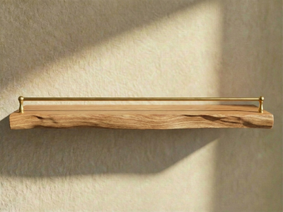 Solid red oak live edge floating shelf with gallery rail, wall-mounted oak shelving by The Mortise & The Hare.