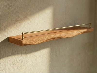 Solid red oak live edge floating shelf with gallery rail, wall-mounted oak shelving from The Mortise & The Hare