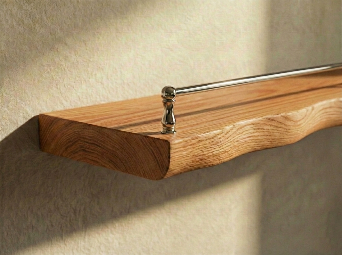 Solid red oak live edge floating wall shelf with gallery rail, by The Mortise & The Hare, showcasing natural wood grain and sleek design.