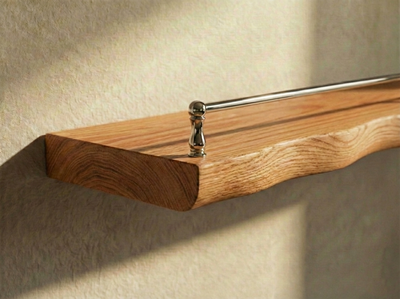 Solid red oak live edge floating wall shelf with gallery rail, by The Mortise & The Hare, showcasing natural wood grain and sleek design.